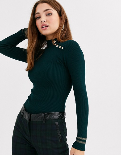 Morgan high neck knitted jumper with button detail in green