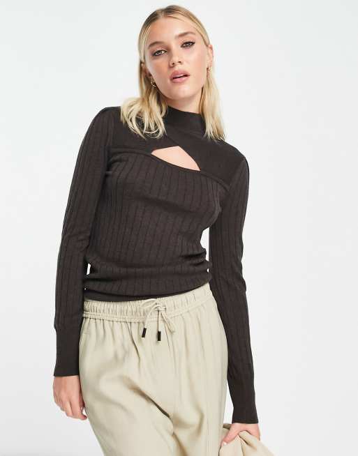 Morgan high neck peekaboo jumper in brown