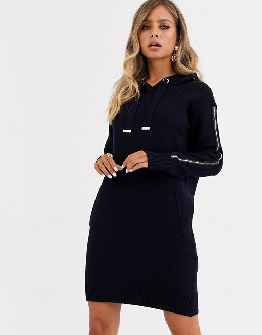 Morgan hooded knitted jumper dress with stud detail in navy
