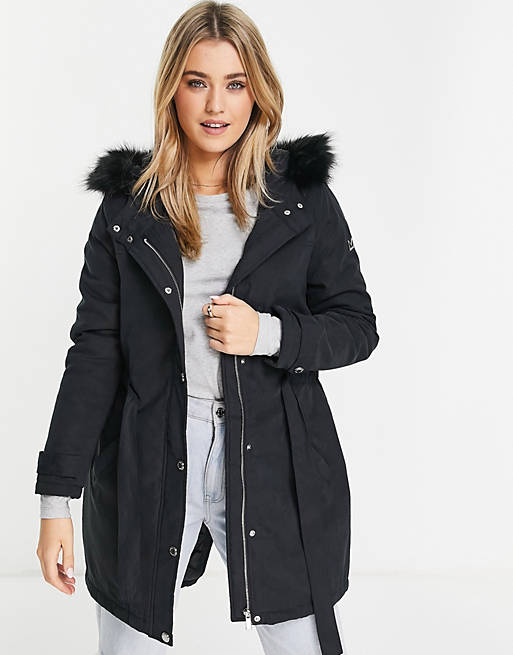 Morgan hooded parka jacket with faux fur trim in black | ASOS
