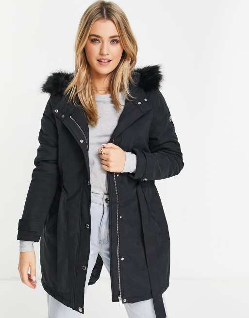 Morgan hooded parker jacket with faux-fur trim in black | ASOS