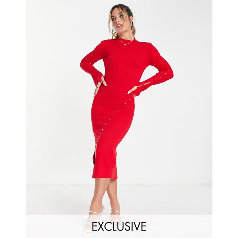 Donna Vestiti Morgan in esclusiva - Vestito midi in maglia con dettaglio con bottoni asimmetrici, colore rosso