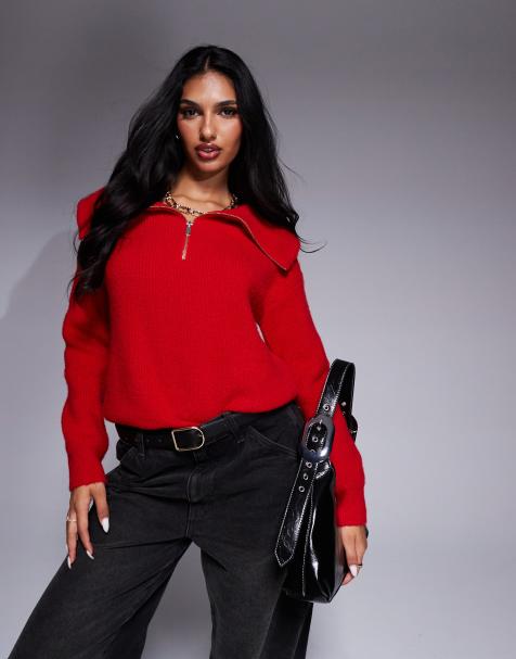 Morgan knit half zip collar detail jumper in red - view 1