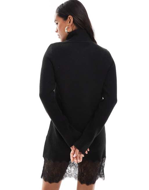 Sweater Dress Mini Pulloverkleid Plush Fabric Dress With Tulle And Lace  Woman, Black TWINSET Milano