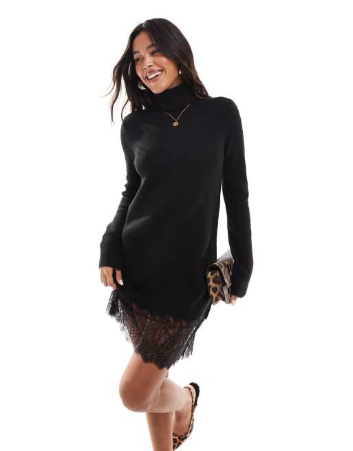 Morgan knit roll neck mini sweater dress with contrast lace hem in black