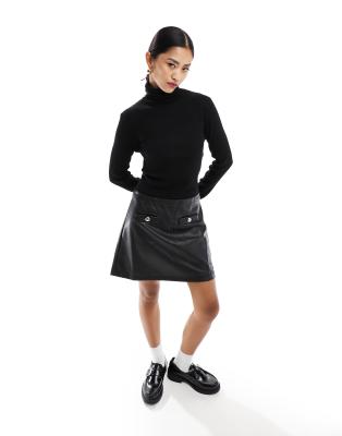 Morgan Morgan knitted 2 in 1 roll neck leather look mini dress in black
