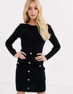 Morgan knitted bodycon dress with button detail in black