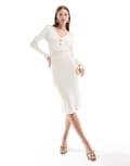 [Morgan] Morgan knitted button detail midi dress in cream-White XL CREAM