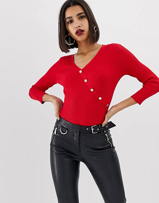 Morgan knitted button front jumper in red | ASOS
