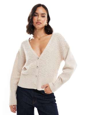 Morgan knitted button through balloon sleeve cardigan in beige-Neutral