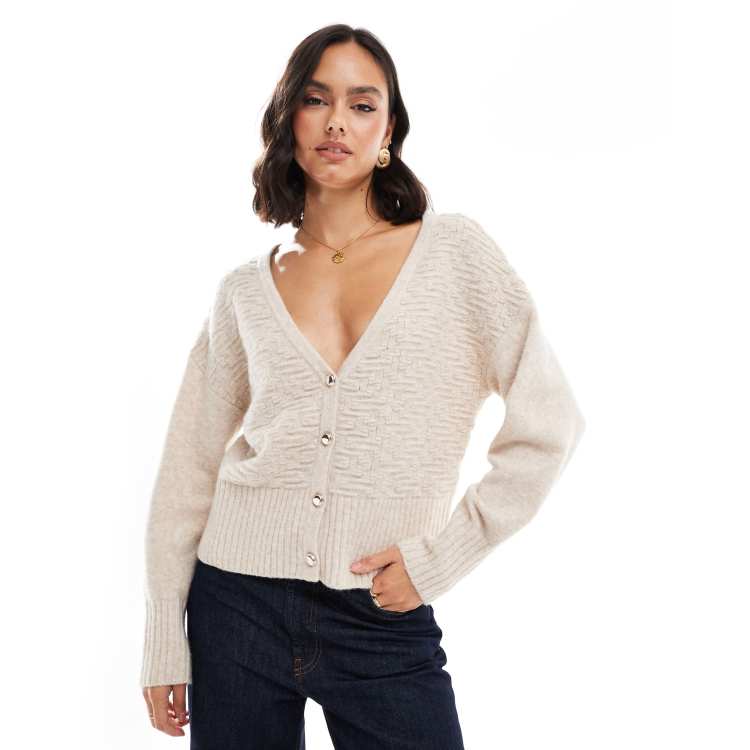 Morgan knitted button through balloon sleeve cardigan in beige ASOS