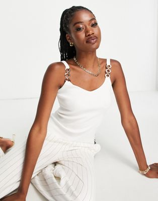 Morgan knitted cami top with gold ring detail in white