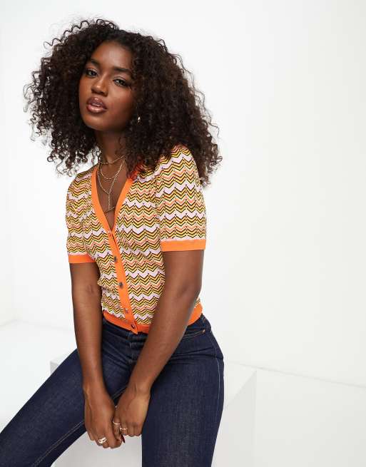 Morgan knitted chevron button through top in orange