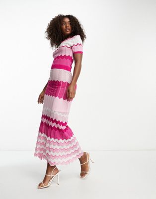 Morgan knitted contrast midi dress in pink chevron