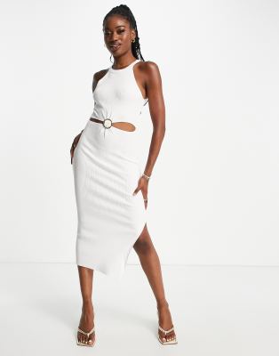 Morgan Morgan knitted cut out ring detail midaxi dress in white-Red
