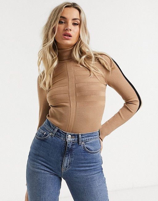 Morgan knitted high neck top with stripe detail in tan