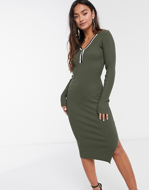 Morgan knitted jumper dress with contrast stripe in khaki