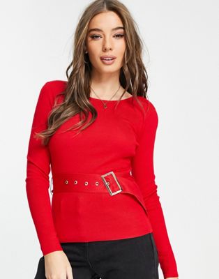 Morgan knitted jumper with belt detail in red