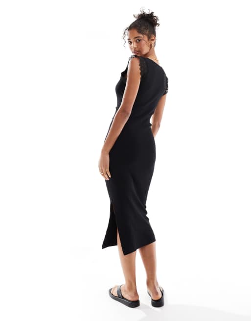 Morgan knitted midi dress with lace detail in black | ASOS