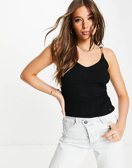 Morgan knitted rib clasp detail strappy top in black