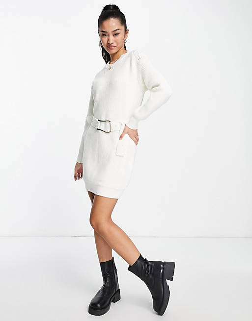 Women Morgan knitted slouchy jumper dress with belt detail in cream 