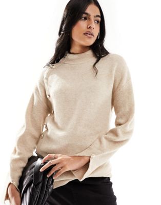 Morgan knitted wool jumper with button details in beige