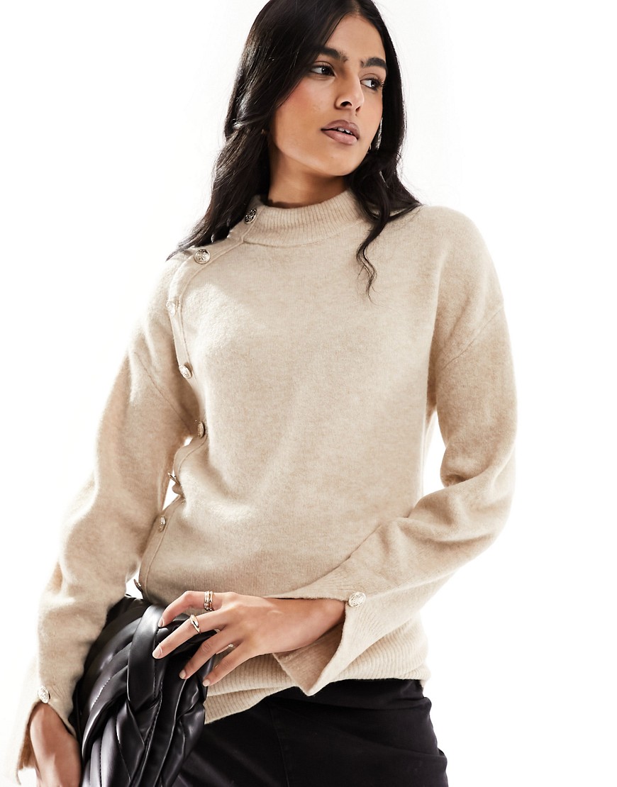 Morgan knitted wool jumper with button details in beige-Neutral
