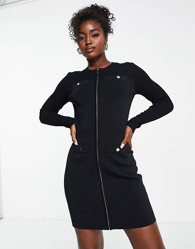 Morgan - knitted zip through bodycon dress in black
