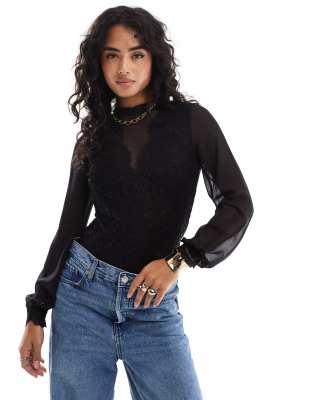 Morgan Morgan lace high neck mesh plunge detail long sleeve bodysuit in black