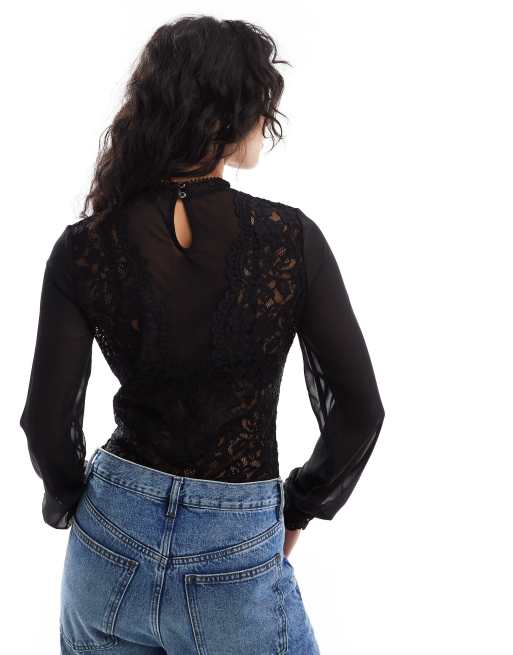 Morgan lace high neck mesh plunge detail long sleeve bodysuit in black, 4 of 4