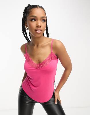 Morgan lace trim cami top in pink