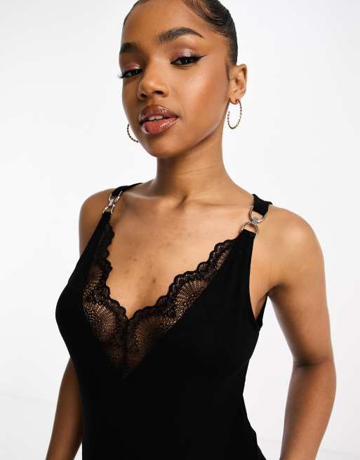 Morgan lace trim cami top with clasp detail in black