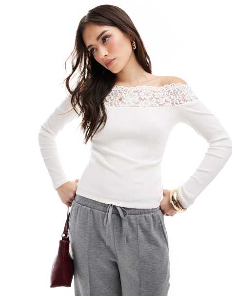 Morgan lace trim fine rib knit off the shoulder long sleeve top in cream - view 1