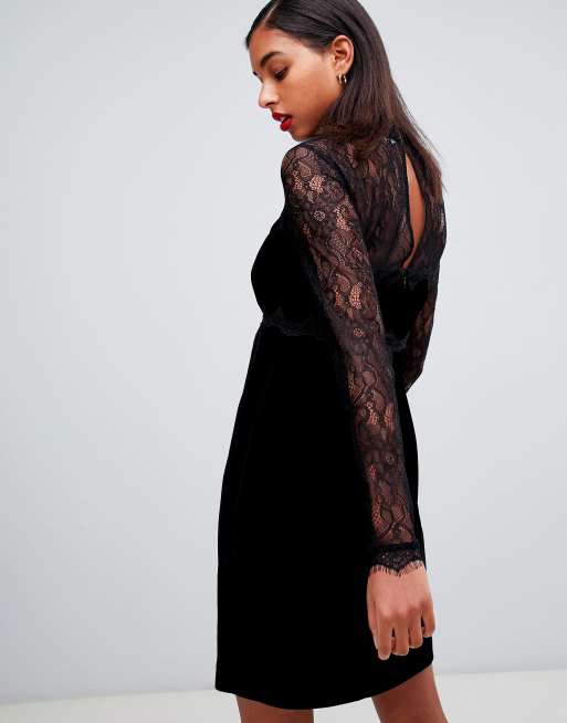 Morgan lace trim velvet mini prom dress in black