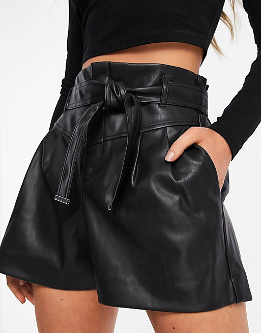  Morgan leather look belted shorts in black 