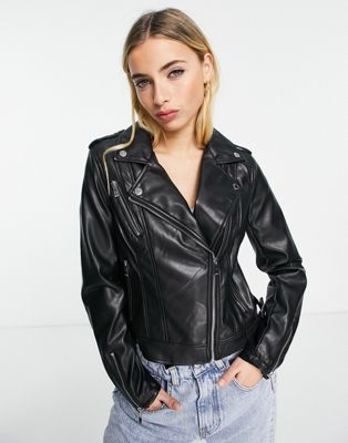 Morgan leather look biker jacket in black