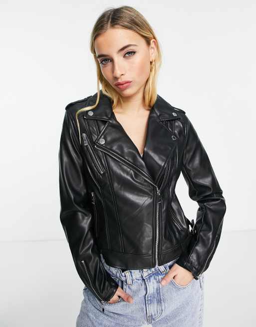 Morgan leather look biker jacket in black