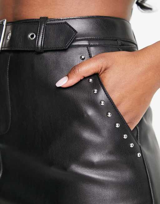 Black faux leather stud hotsell detail belted mini skirt