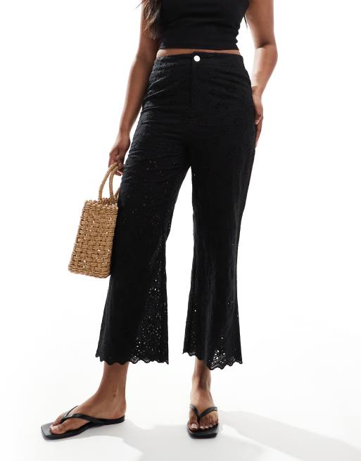  Morgan linen blend broderie detail cropped trousers in black