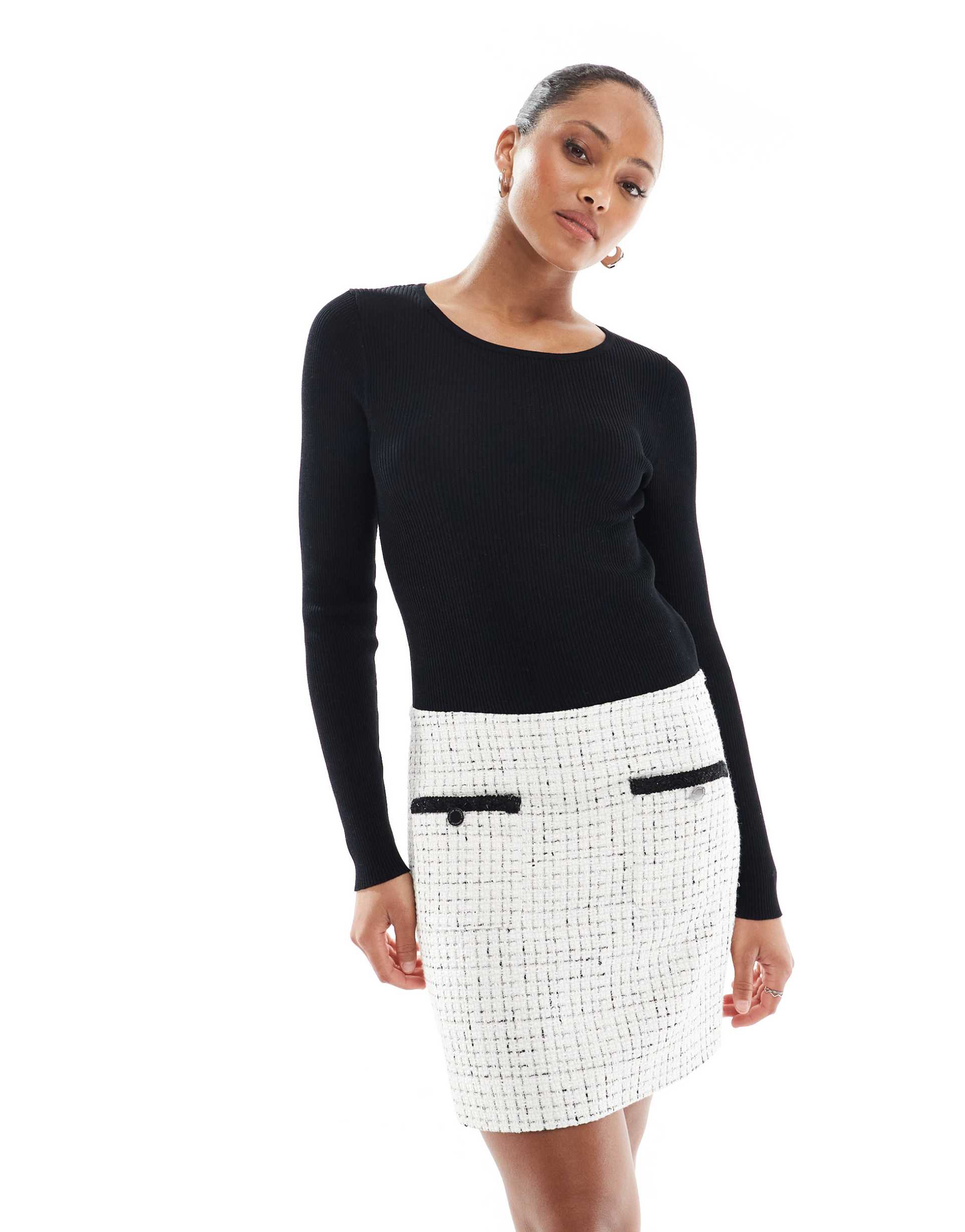 morgan long sleeve tweed contrast pocket detail mini a line dress in mono