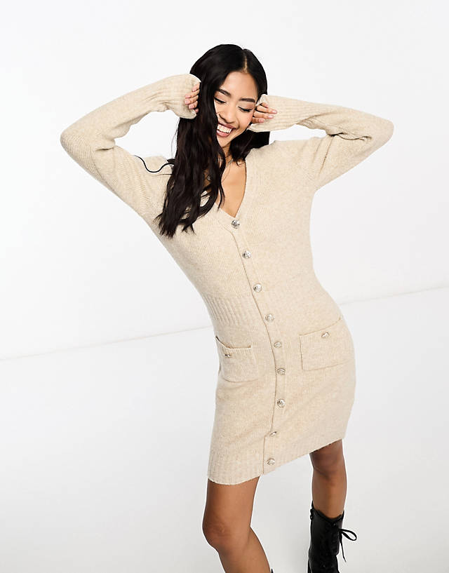 Morgan - long sleeve wool mix jumper dress with button detail in beige