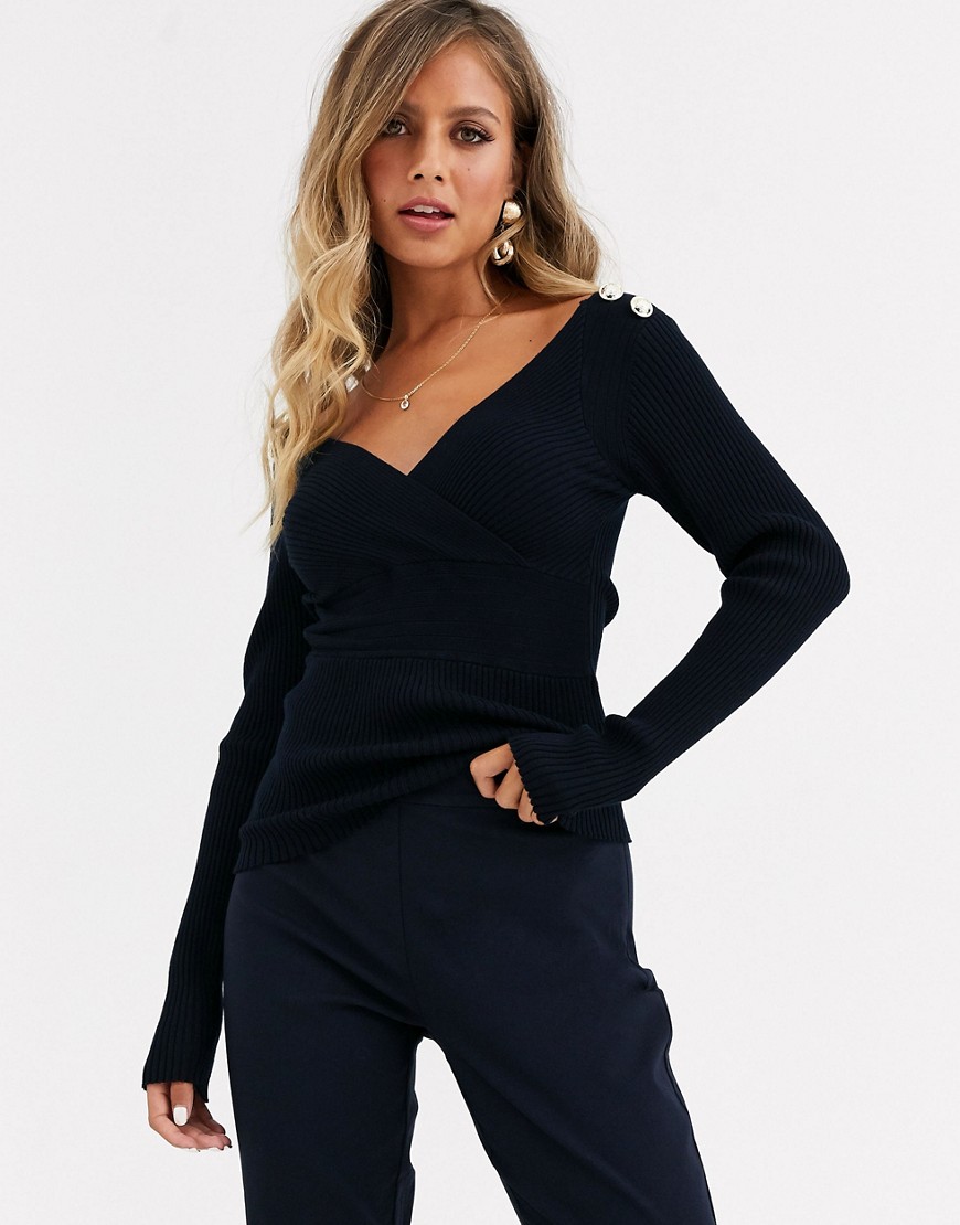 Morgan long sleeve wrap front slim rib knitted top with button shoulder detail in navy