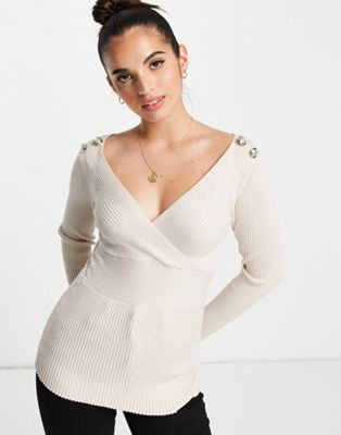 Morgan long sleeve wrap front slim rib knitted top with button shoulder detail in pink - ASOS Price Checker