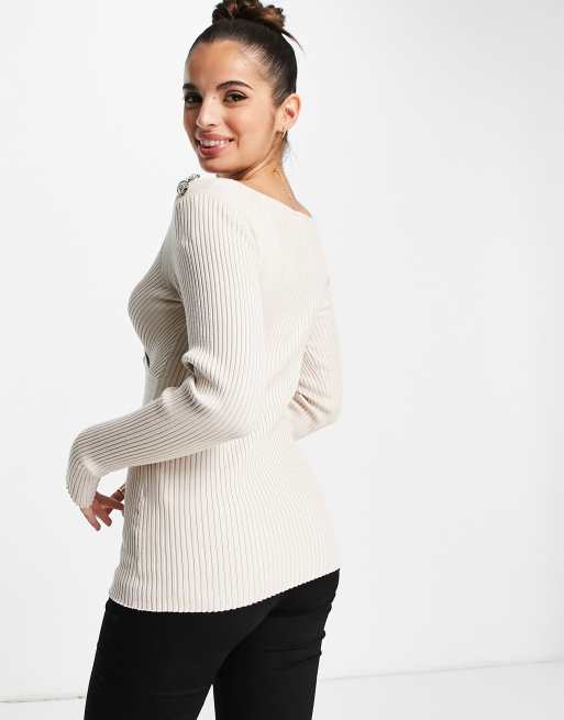 Morgan long sleeve wrap front slim rib knitted top with button shoulder detail in pink, 2 of 4