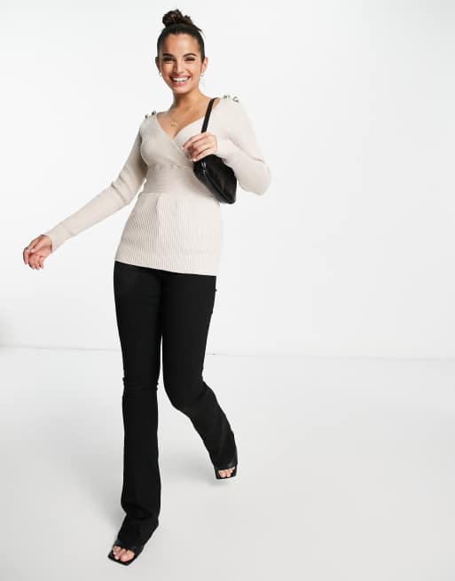 Morgan long sleeve wrap front slim rib knitted top with button shoulder detail in pink, 4 of 4
