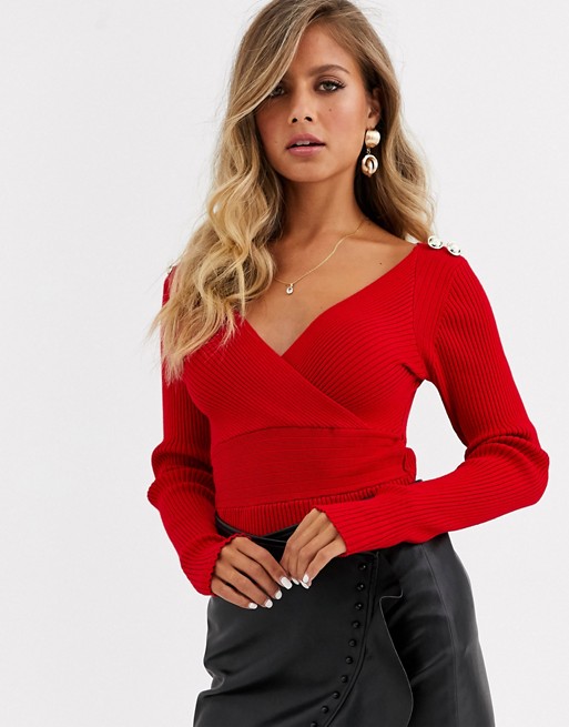 Morgan long sleeve wrap front slim rib knitted top with button shoulder detail in red