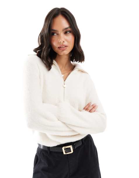 Morgan - Maglione in maglia color crema con zip corta e colletto - view 1