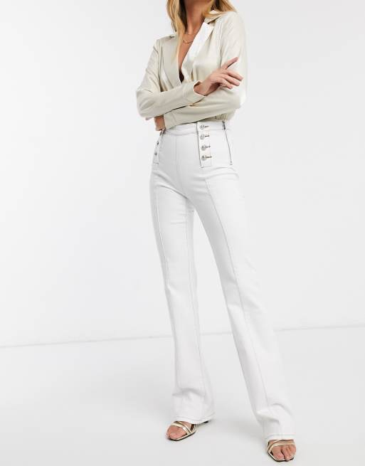 White Military High Waist Button Wide Leg Trousers