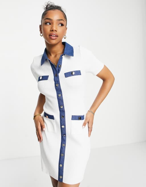 Morgan – Minikleid aus Strick in Weiß mit Kontrastdetail in Blau
