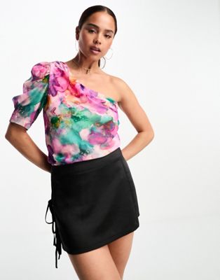 Morgan one shoulder blouse in blurred floral print